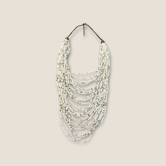 Multi-Strand Beaded Necklace With Adjustable 36-Inch Drop Boho Style White & Bro - Picture 3 of 4